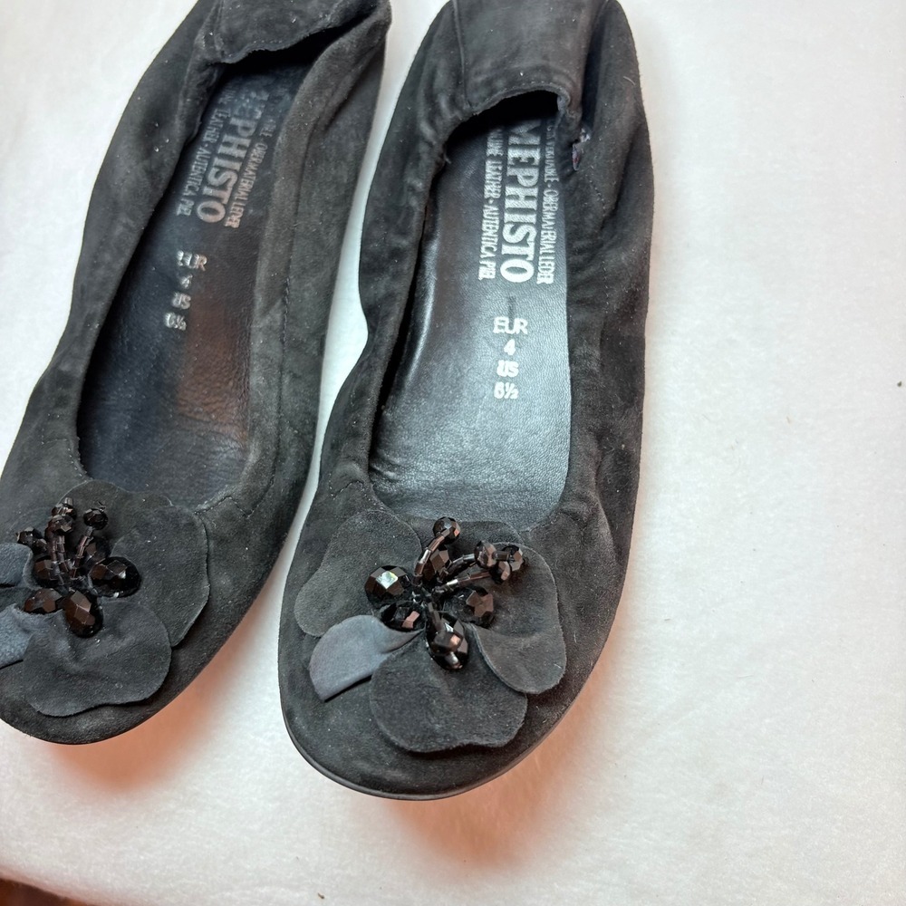 Mephisto Black Suede Flower Beaded Ballet Flats Womens US 6.5 EUR 4 - Picture 2 of 6